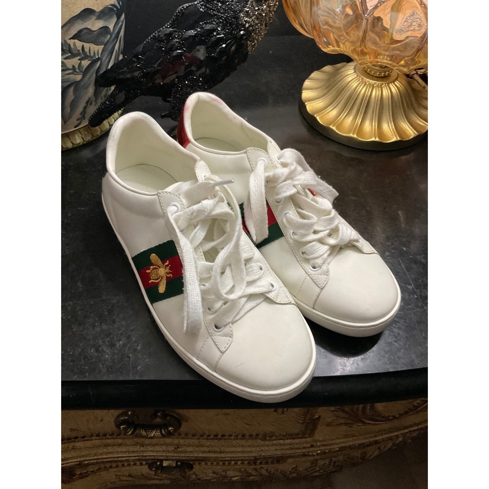 Gucci Ace White Leather Bee Sneakers Low Top Web Stripe 38 5053691